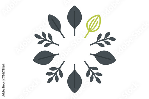 Minimalist circular arrangement of stylized dark botanical leaves and bright green bud outline