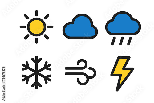 Essential weather forecast symbols set including sun cloud rain snow wind and lightning