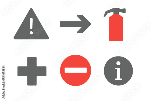 Essential universal symbols for warning, emergency, direction, and information signs