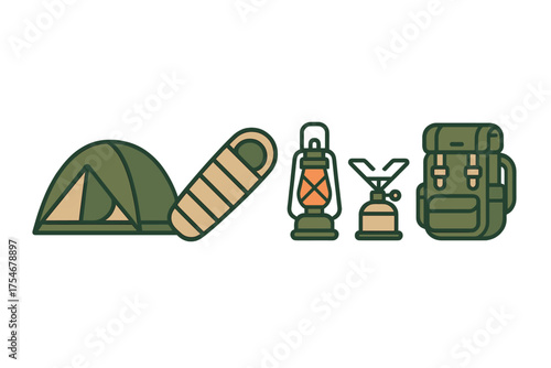 Essential outdoor adventure gear collection featuring tent sleeping bag lantern and hiking backpack