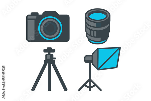 Professional photography equipment set including camera lens tripod and studio light