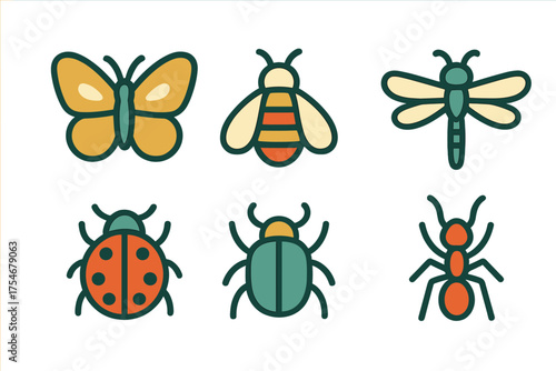 Stylized icons set of common garden insects: butterfly, bee, ladybug, beetle, dragonfly, and ant