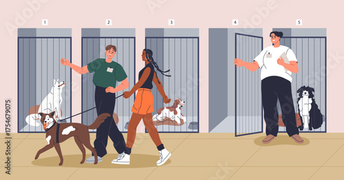Adoption from dog shelter. Happy volunteer, man and woman family couple adopting pet, cute puppy, rescuing animal from cage enclosure, temporary voluntary vet center. Flat vector illustration.