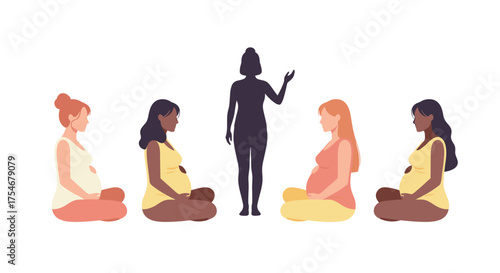 Diverse expectant mothers participate in a supportive prenatal class, guided by an instructor, fostering community and well-being.
