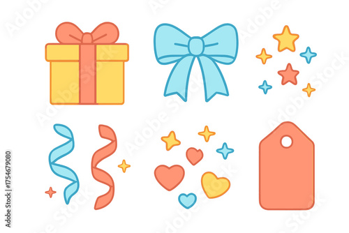 Cute collection of celebration and gift elements including bow, present, hearts, and stars