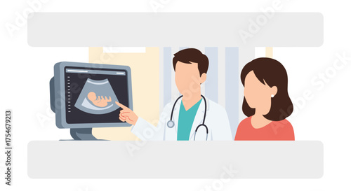 A compassionate physician explains an ultrasound image of a developing fetus to an expectant mother during a crucial prenatal checkup in a modern clinic.