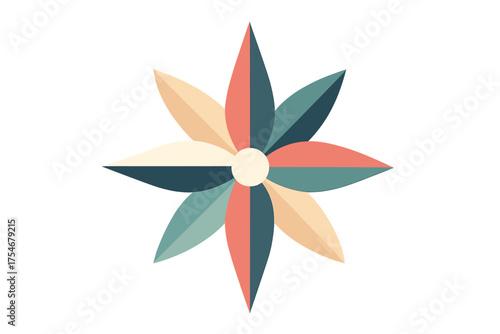 Symmetrical geometric floral design element with retro color palette and stylized petals arranged around a central core