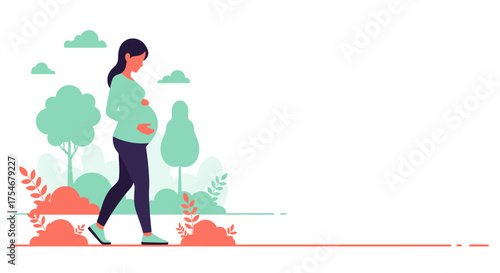 A serene pregnant woman enjoys a peaceful walk amidst a vibrant, natural landscape, embracing her journey with health and wellness.