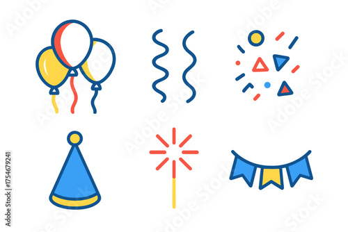 Festive celebration symbols set with balloons, streamers, confetti, and a party hat