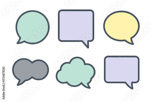 Collection of six colorful speech bubbles and thought clouds in various shapes for conversation and messaging