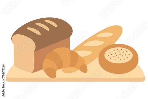 Fresh baked goods assortment: loaf bread, baguette, croissant, and roll on wooden board