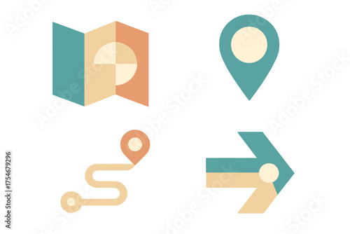 Set of four navigation icons: map, location pin, route path, and directional arrow