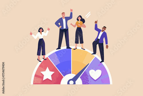 Diverse group of happy people standing on a colorful satisfaction meter with icons representing success and love