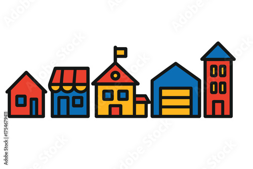 Row of colorful simplified buildings representing residential homes and commercial shops
