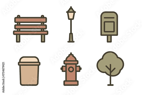 Essential public park and street furniture icons including bench lamppost mailbox and tree