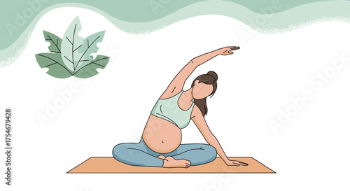A pregnant woman gracefully stretches on a yoga mat, performing a gentle side bend exercise for prenatal wellness and mindful movement.