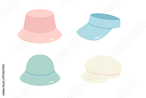 Pastel summer headwear collection featuring bucket hats, sun visor, and a cream colored cap