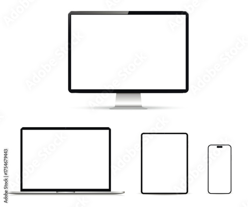 Set of smart devices with blank screen isolated on white background