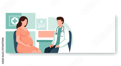 A pregnant woman consults with her doctor in a modern medical office, discussing prenatal care and health during her pregnancy journey.