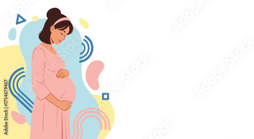 A serene pregnant woman cradles her growing baby bump with tenderness, depicted in a modern, soft illustration featuring abstract organic shapes.