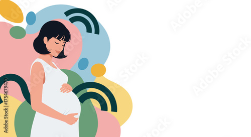 A serene pregnant woman cradles her growing baby bump, surrounded by soft pastel abstract shapes, symbolizing new life and maternal joy.