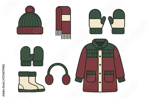 Cozy winter apparel set featuring a warm jacket, knitted beanie, scarf, mittens, snow boots, and earmuffs