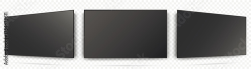 Realistic television screen mockup set isolated on transparency grid layer