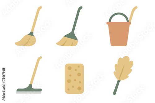 Essential household cleaning tools set including broom, bucket, sponge, squeegee, and duster