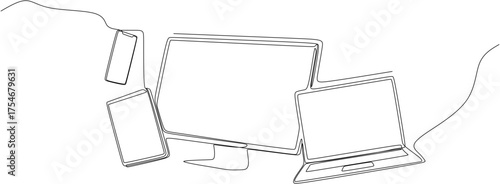 Continuous line drawing. Modern desktop computer, laptop, and tablet mockup with blank screens. Vector illustration