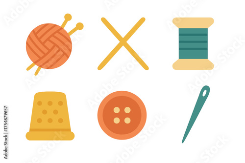 Colorful assortment of sewing and knitting equipment including needle, thread, button, and thimble