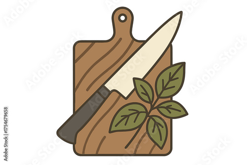 Essential cooking tools including a wooden cutting board, sharp knife, and fresh green herbs
