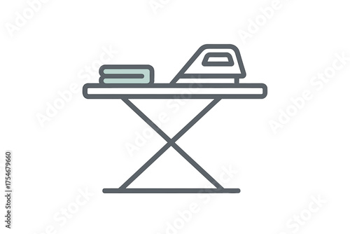 Household chore scene featuring an ironing board, electric iron, and stack of folded laundry