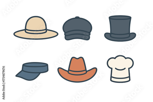 Collection of six headwear icons including sun hat, top hat, cowboy hat, chef hat, visor, and cap