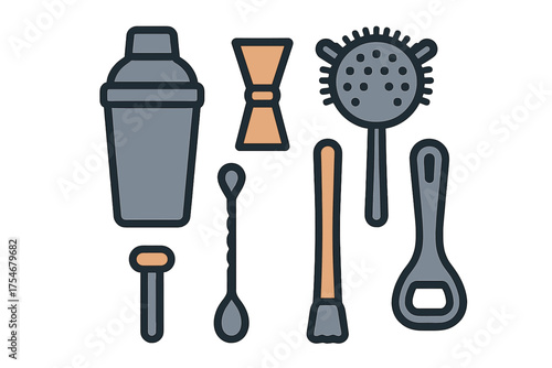 Collection of essential professional bar tools for cocktail preparation and mixing