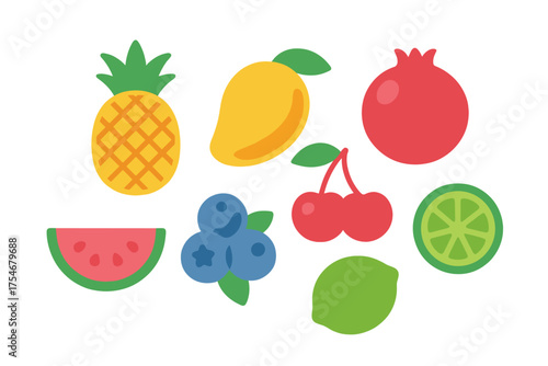 Vibrant collection of tropical and berry fruits including pineapple mango pomegranate and lime