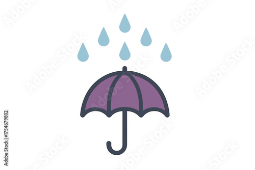 Bright purple umbrella providing shelter and protection against falling blue raindrops