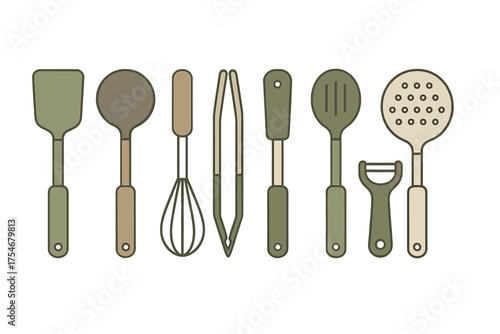 Essential kitchen utensils set including spatula, whisk, spoon, peeler, and tongs