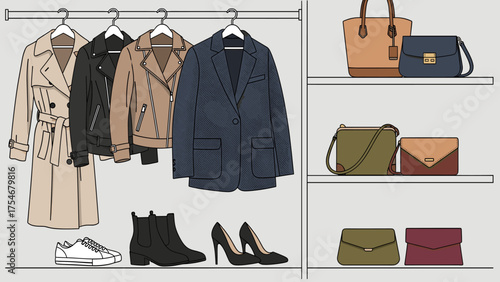 Fashion Closet Organization: Coats, Jackets, Shoes, and Handbags Displayed