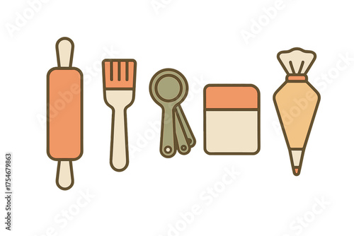 Essential kitchen equipment set for baking preparation including rolling pin and piping bag