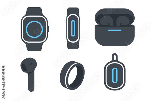Contemporary smart gadgets collection featuring watch, fitness band, wireless headphones, and tracking tag
