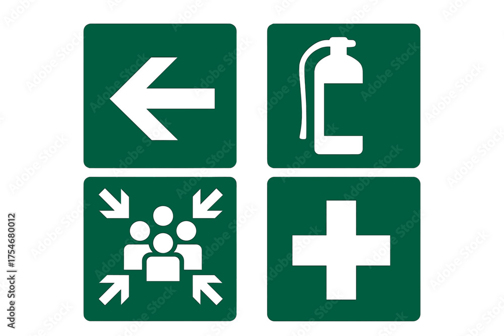 Fototapeta premium Universal set of emergency and safety symbols including first aid, fire equipment, evacuation, and directional arrow