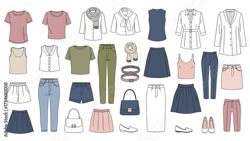 Flat lay women's clothing and accessories collection. Fashion wardrobe essentials vector illustration.