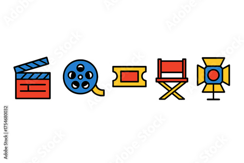Colorful cinema movie making and film production equipment symbols