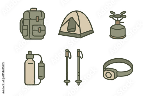 Essential equipment for outdoor adventures including a backpack, tent, stove, water filter, trekking poles, and headlamp