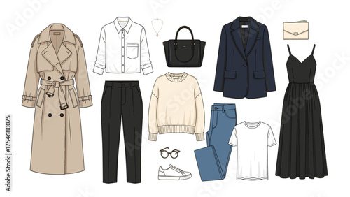 Women's Capsule Wardrobe Essentials Flat Lay Illustration. Fashionable Clothing Collection with Trench Coat, Blazer, Dress, Jeans, and Accessories.