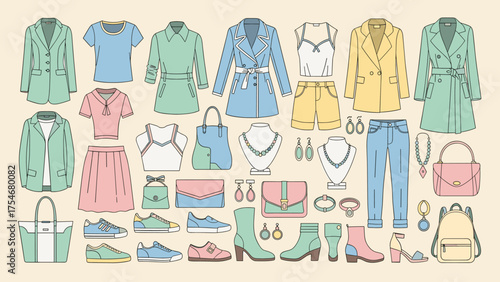 Trendy Pastel Women's Fashion Collection: Clothing, Shoes, Handbags, and Jewelry Set. Flat Lay Vector Illustration.