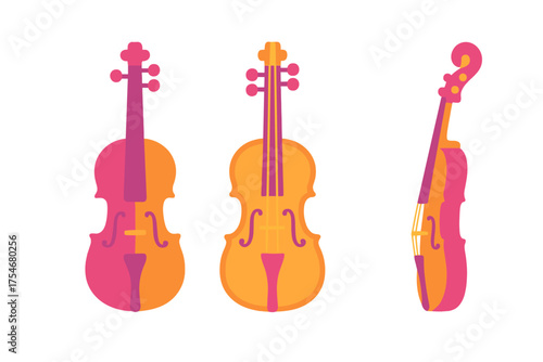 Set of three stylized violins featuring vibrant pink and orange color blocking
