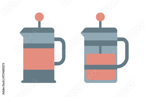 Modern French press coffee makers in a pair used for brewing fresh coffee or tea