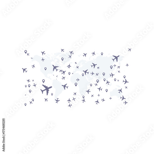 Illustration of many airplanes flying over the world map, travel and tourism