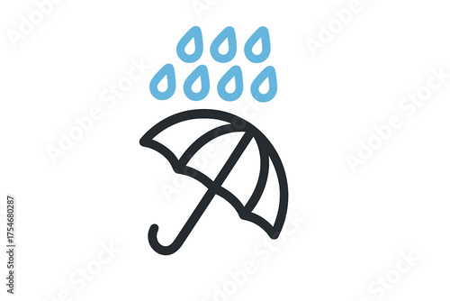 Open umbrella protecting from blue rain drops symbolizing weather and forecast